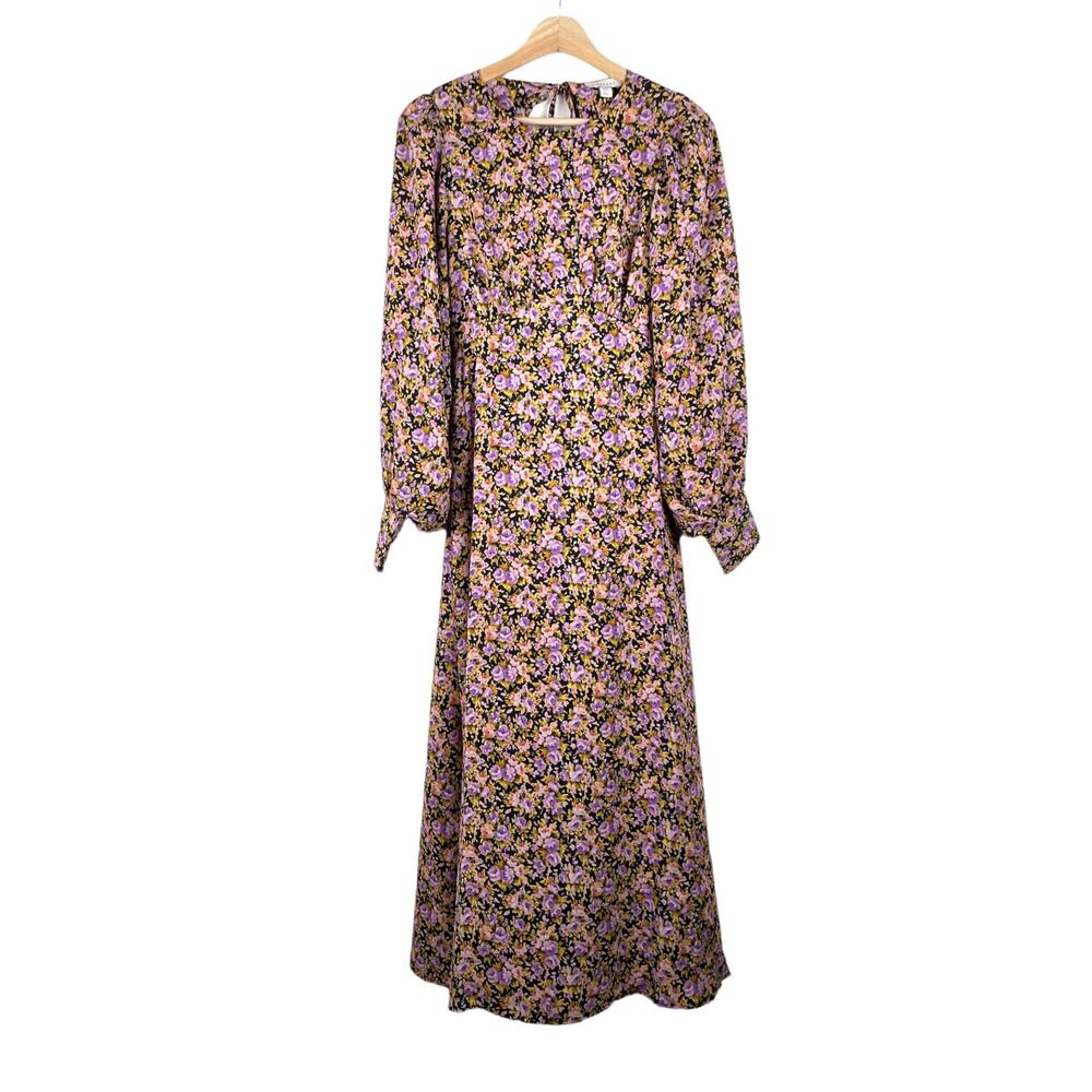 Topshop Dark Floral Print Long Balloon Sleeve Open Back Midi Dress Size 10 NWOT